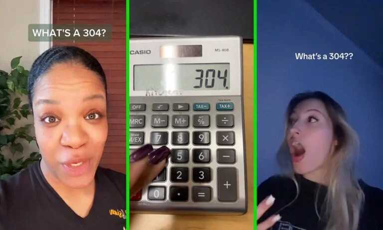 Calculator showing 304 meaning as "hoe" when flipped upside down, illustrating the 304 meaning in internet slang
