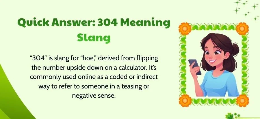 304 meaning explained as a coded reference to hoe, with an illustration of a woman using her phone