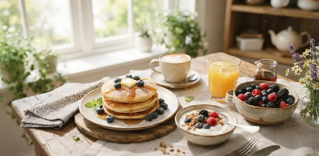 Blueberry Puns featuring fresh blueberries with pancakes yogurt and a colorful breakfast spread