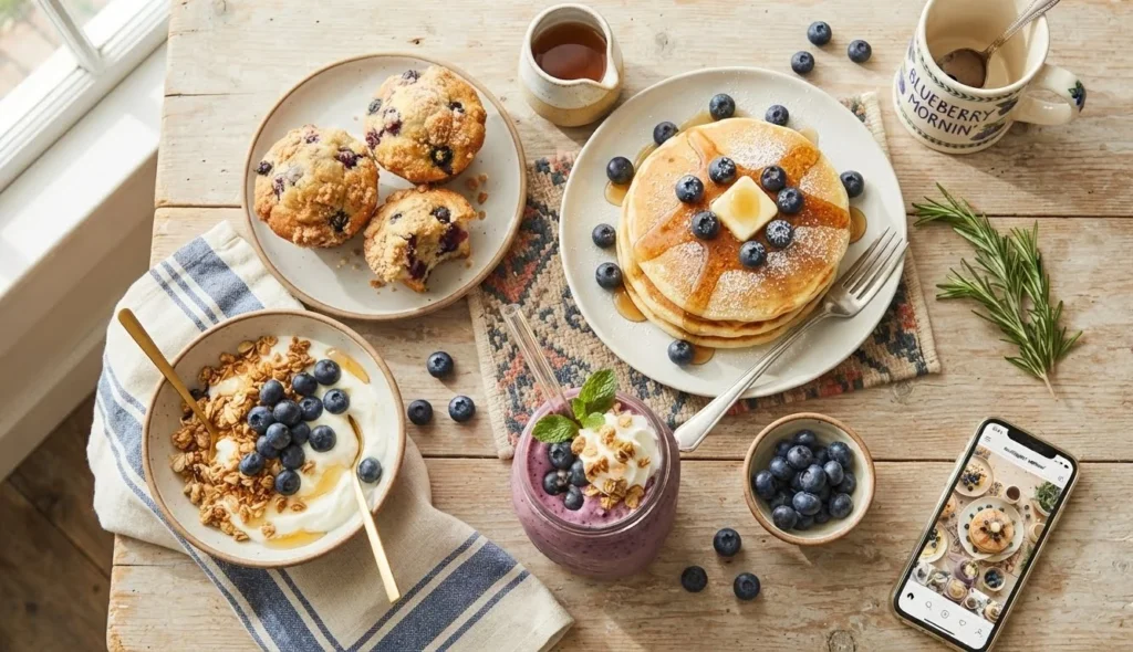 Blueberry Puns for Instagram featuring a colorful blueberry food photo being captured with a smartphone