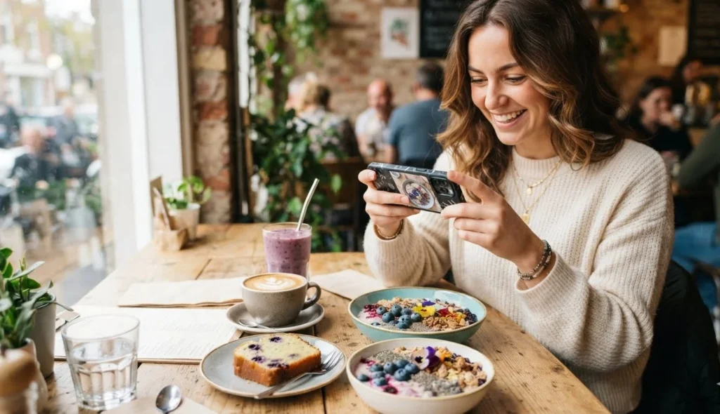 Blueberry Puns for Instagram featuring a colorful blueberry food photo being captured with a smartphone