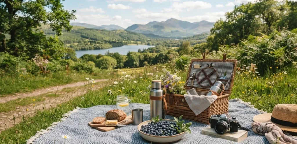 Blueberry Puns about travel and adventure featuring a blueberry picnic basket in a scenic outdoor setting
