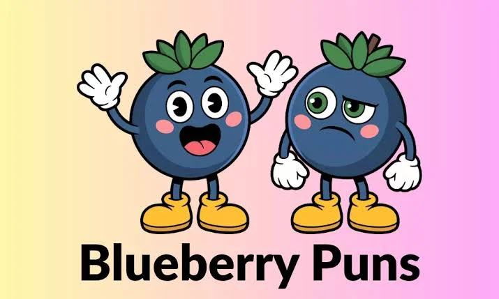 Cartoon illustration of two animated blueberry characters—one happy and waving, one looking skeptical—above text reading "Blueberry Puns."