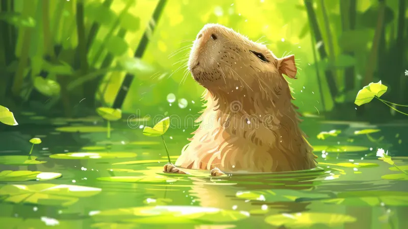 Cute Capybara Puns with a relaxed capybara beside a pond enjoying a peaceful day