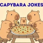Cartoon illustration titled "CAPYBARA PUNS & JOKES" showing a family of cute capybaras sitting around a wooden picnic table sharing a large pepperoni pizza.