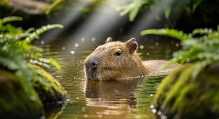 Funny Capybara Puns featuring a friendly capybara portrait beside calm water and greenery