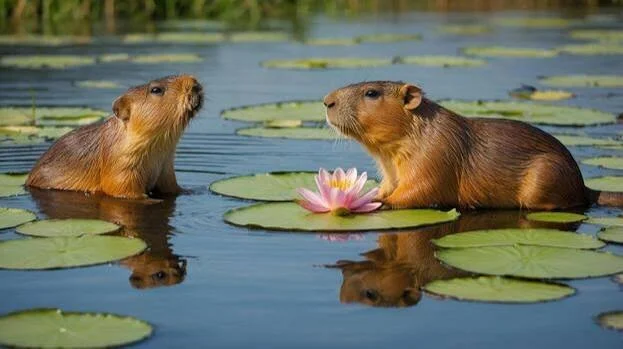 Capybara Friendship Puns showing two relaxed capybaras enjoying peaceful companionship by a pond