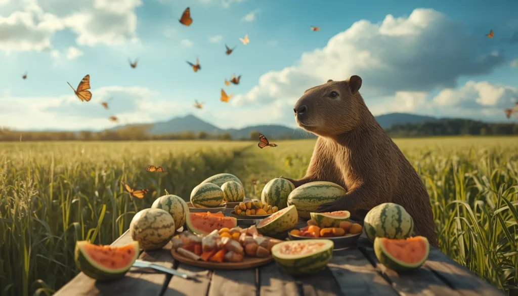 Capybara Puns for Captions with a cheerful capybara beside watermelon in a bright outdoor setting