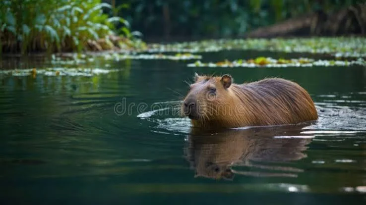 Chill Capybara Puns with a relaxed capybara floating in clear water surrounded by greenery