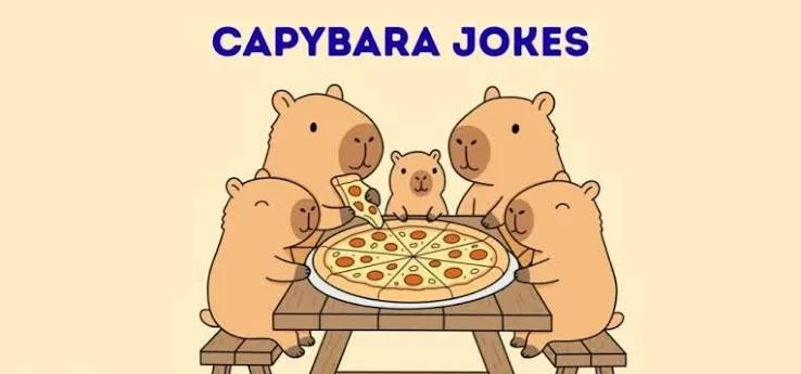 Cartoon illustration titled "CAPYBARA PUNS & JOKES" showing a family of cute capybaras sitting around a wooden picnic table sharing a large pepperoni pizza.