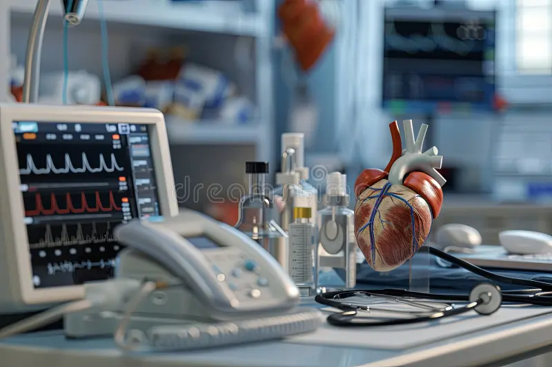 Cardiology Puns featuring a cardiology workspace with an ECG monitor, stethoscope, and medical notes