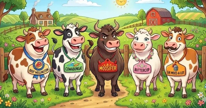Colorful cartoon illustration of five funny cows wearing personalized cow name puns tags in a sunny farm pasture