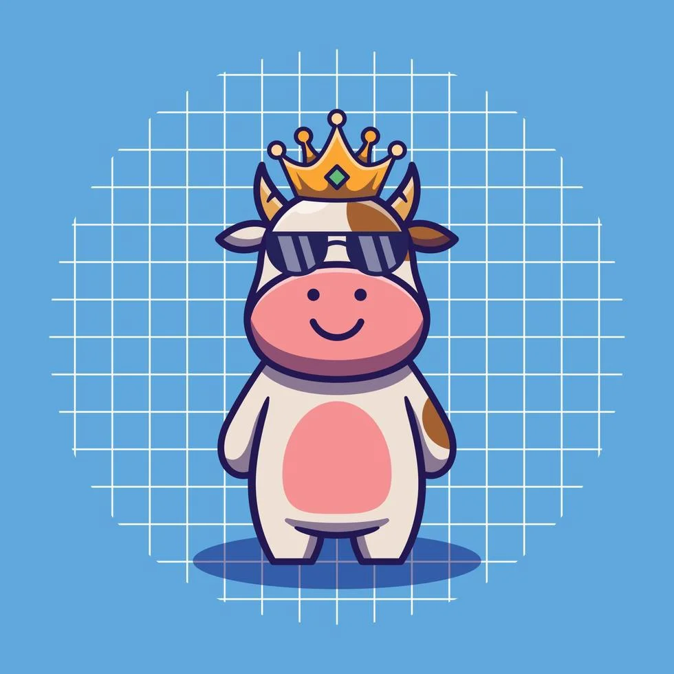 Adorable cartoon cow wearing a golden crown and sunglasses on a blue grid background for cow name puns