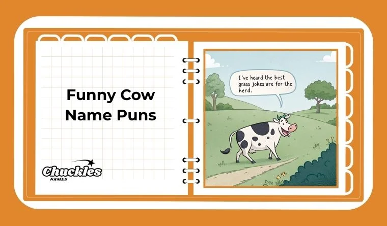 Funny cartoon cow name puns, a cow walking on a farm path with a speech bubble saying grass jokes are for the herd