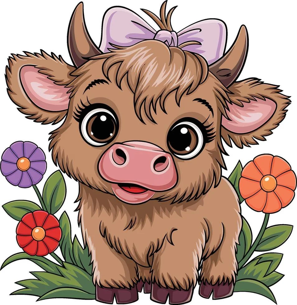 Cow name puns: Adorable fluffy baby Highland cow wearing a purple bow surrounded by colorful flowers
