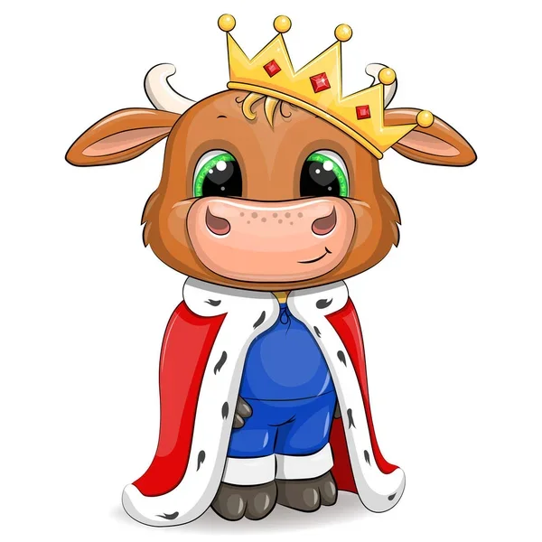 Cute cartoon baby cow name puns, a baby cow wearing a golden royal crown and red cape like a king