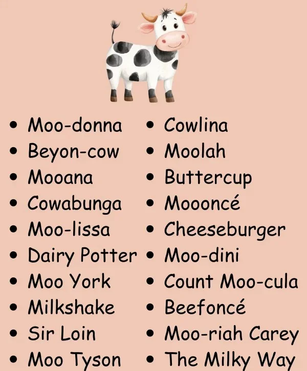 Cute watercolor cow illustration with a list of creative funny cow name puns on a pastel background