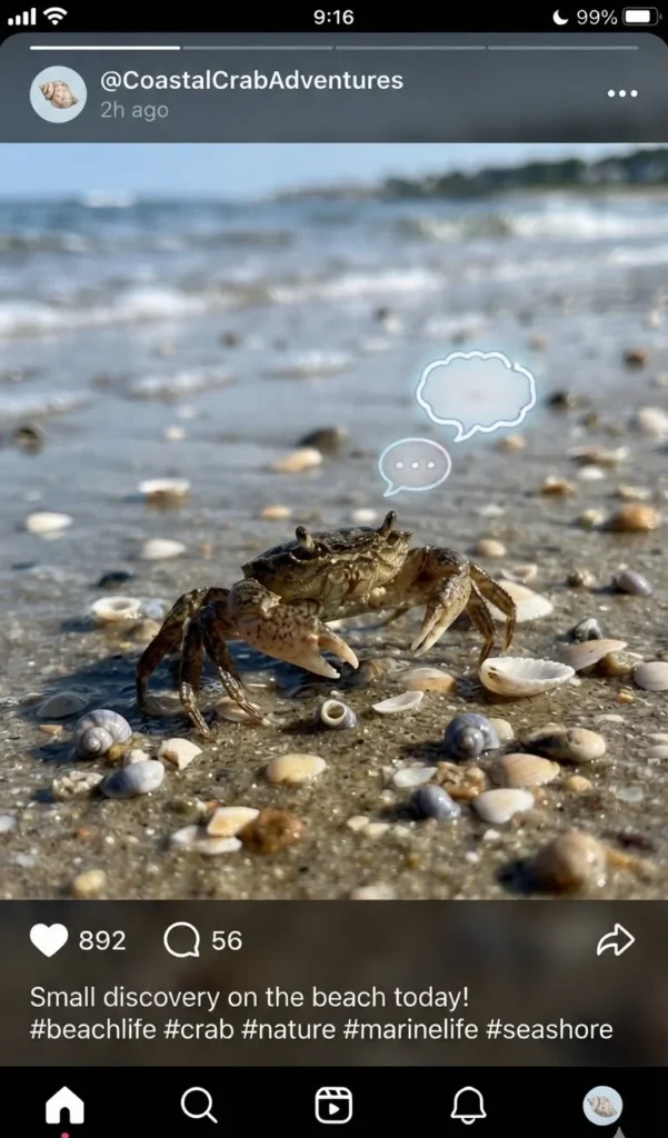 Crab Puns with a close up crab, seashells, wet beach sand, and playful coastal wordplay