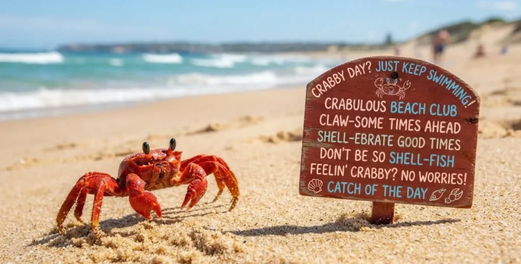 Crab Puns featuring a playful beach crab, bright sand, ocean waves, and fun claw themed humor