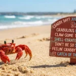 Crab Puns featuring a playful beach crab, bright sand, ocean waves, and fun claw themed humor