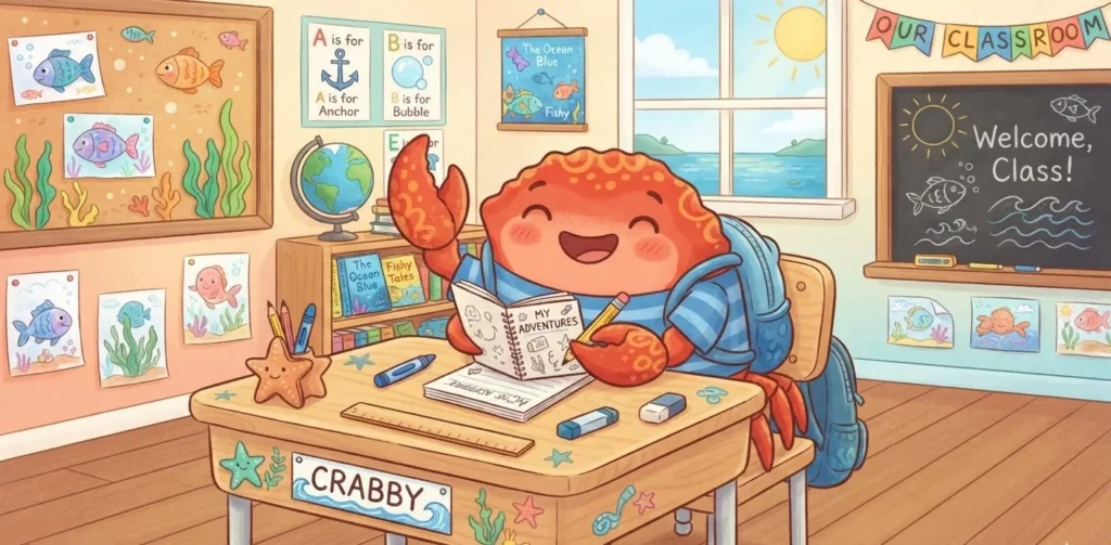 Crab Puns for kids featuring a cheerful classroom crab with a notebook, pencil, shell, and playful ocean theme
