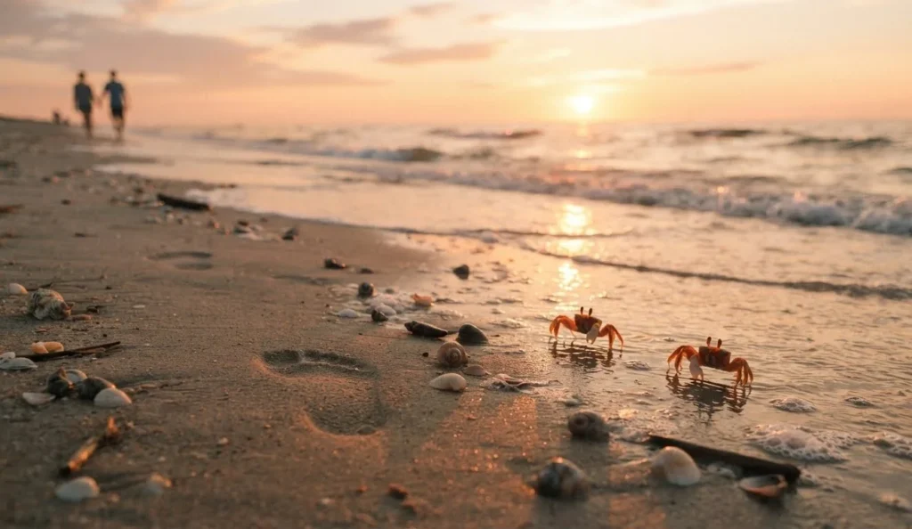Crab Puns for couples featuring two crabs on a romantic beach at sunset with seashells and ocean waves