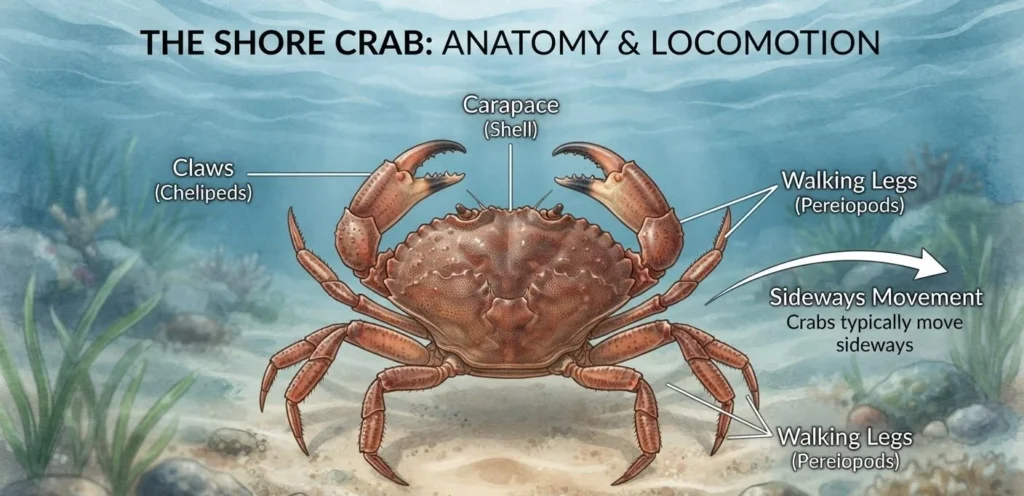 Crab Puns inspired by real crab anatomy, showing claws, shell, legs, and sideways movement in a marine science illustration