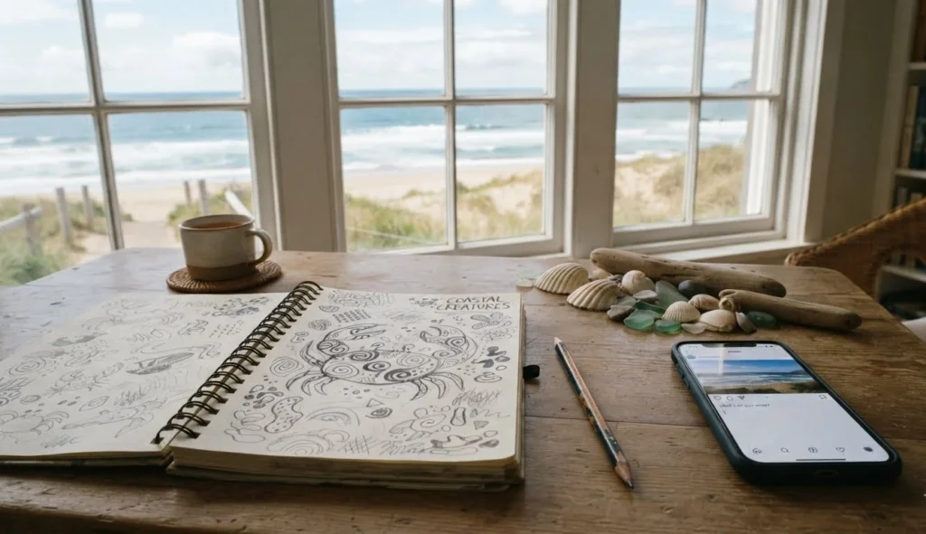 Crab Puns writing ideas with a notebook, seashells, beach view, and creative caption brainstorming setup