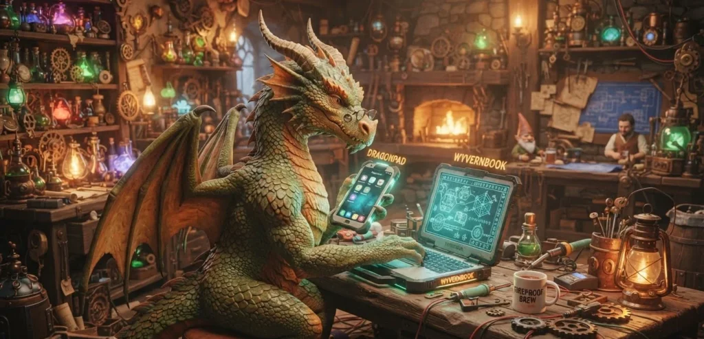 Dragon Puns featuring a dragon using fireproof technology gadgets in a whimsical fantasy workshop