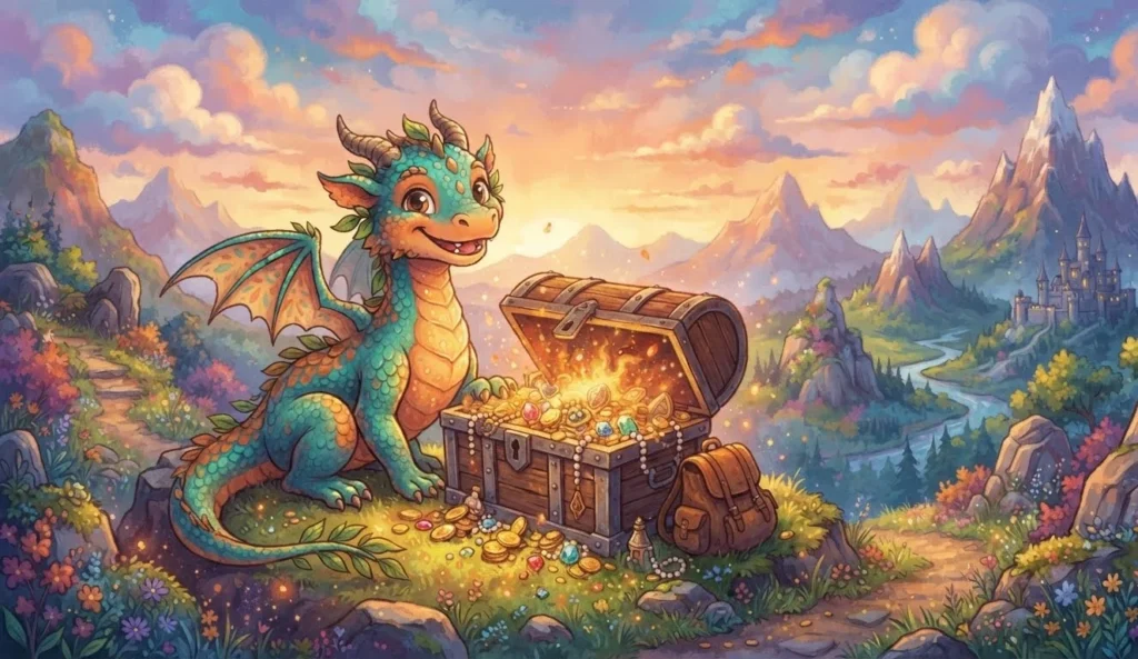 Dragon Puns featuring a friendly fantasy dragon beside treasure and glowing embers in a playful storybook scene