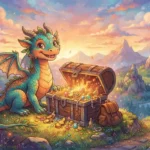 Dragon Puns featuring a friendly fantasy dragon beside treasure and glowing embers in a playful storybook scene