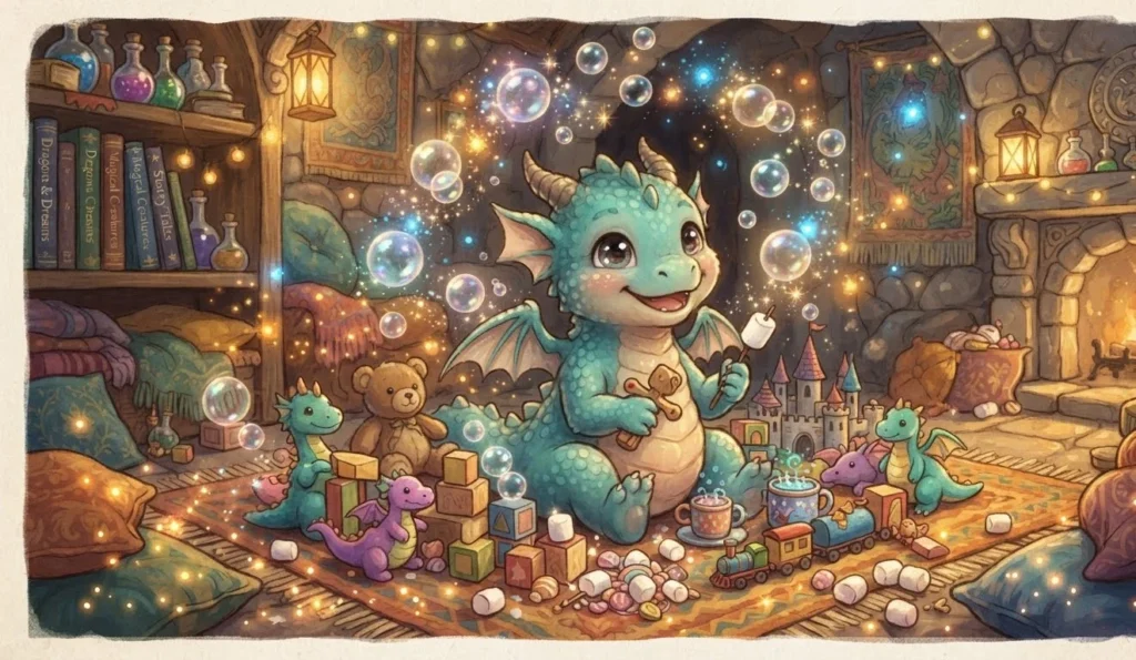Dragon Puns featuring a cute baby dragon with toys bubbles marshmallows and tiny glowing sparks