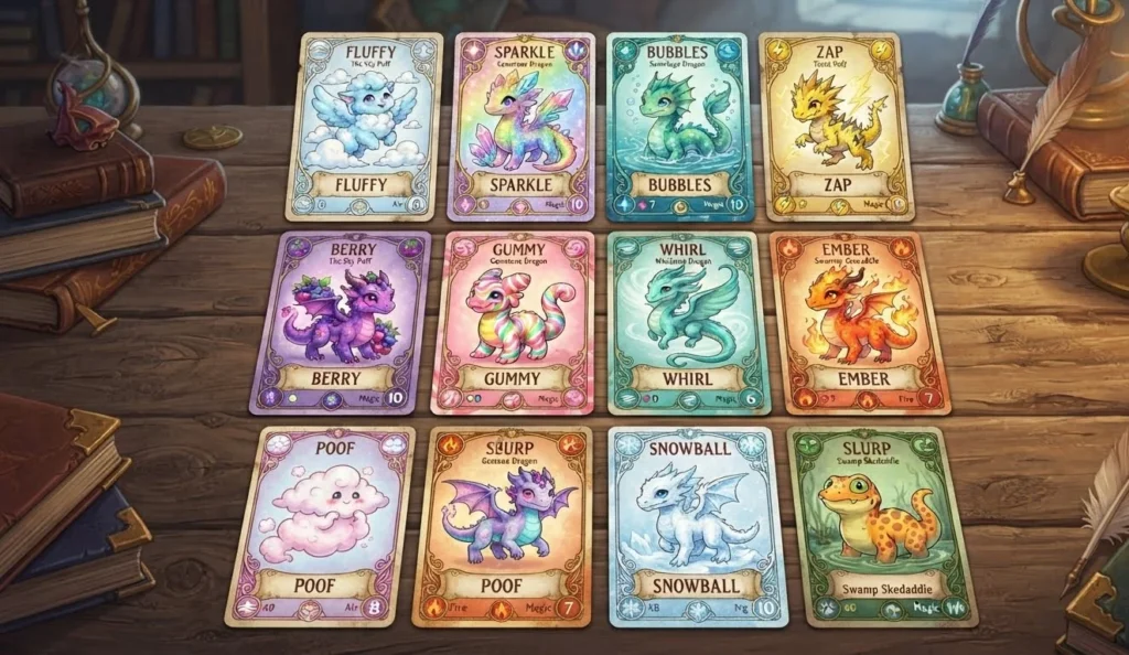 Dragon Puns featuring playful fictional dragon names displayed on colorful fantasy character cards