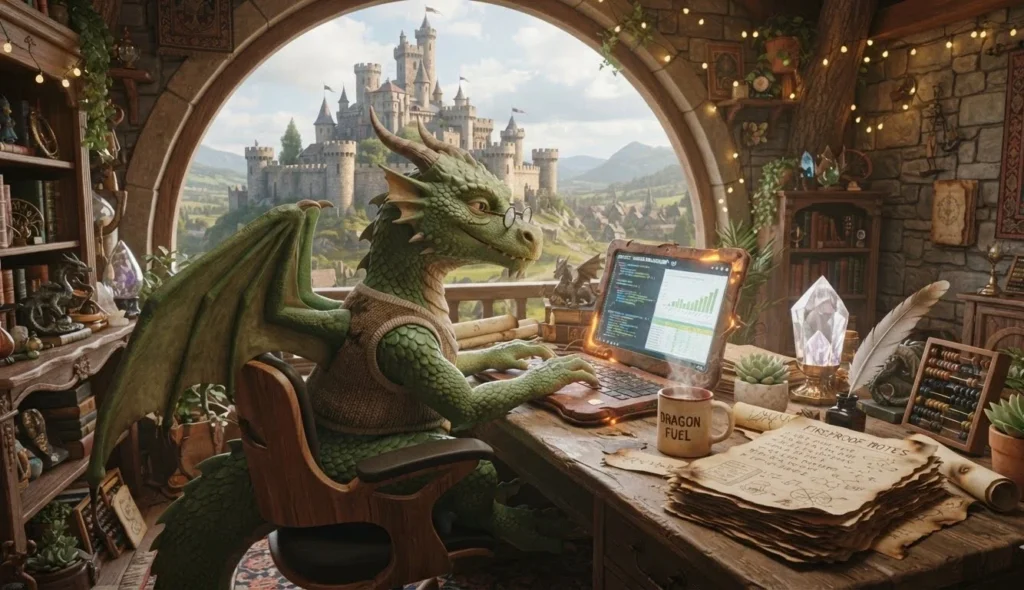 Dragon Puns featuring a funny dragon working at an office desk with fireproof workplace accessories