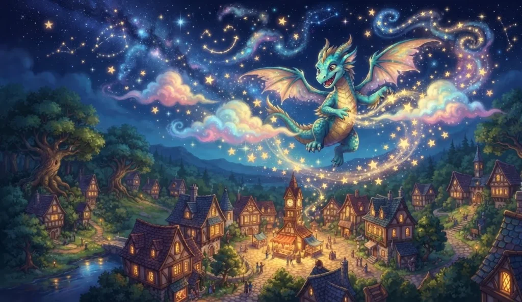 Dragon Puns featuring a mischievous friendly dragon playing harmless tricks above a fantasy village