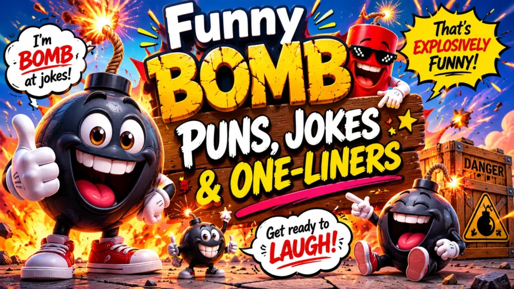 Vibrant cartoon-style banner featuring bold, 3D typography that reads "Funny Bomb Puns Jokes One Liner" against an explosive backdrop of flames, sparks, and wooden crate props. Cartoon bomb characters surround the text with various speech bubbles ("I'm BOMB at jokes!", "That's EXPLOSIVELY FUNNY!", and "Get ready to LAUGH!").