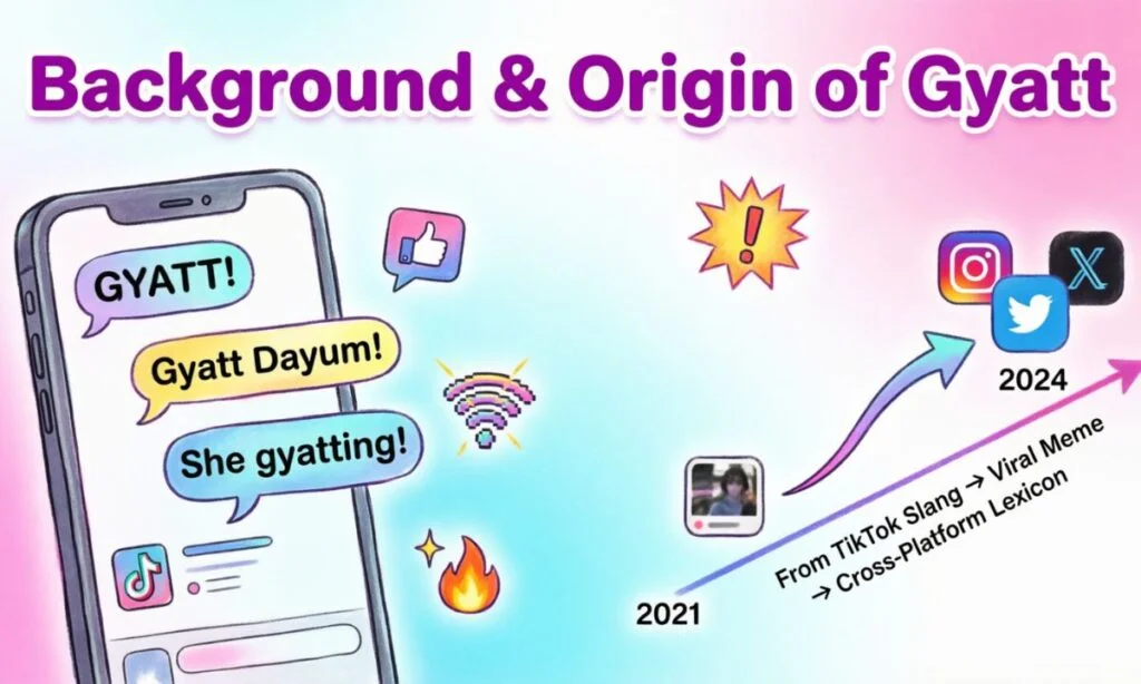 Graphic titled "Background & Origin of Gyatt Meaning" showing text message bubbles on a smartphone and a timeline from 2021 to 2024.