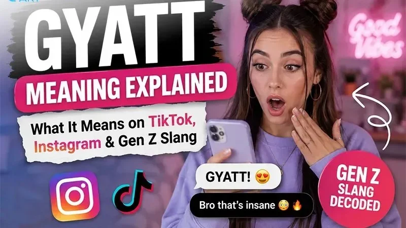 Image showing a woman with a shocked expression looking at her phone, with text reading "GYATT MEANING EXPLAINED".