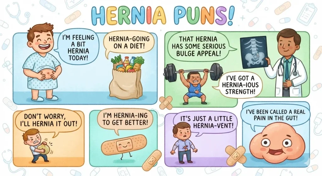 Illustration with Hernia Puns written on it
