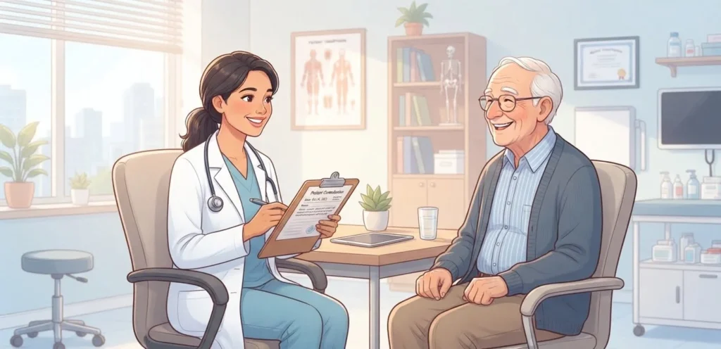 Hernia Puns featuring gentle medical humor with a friendly doctor and patient in a clean consultation setting