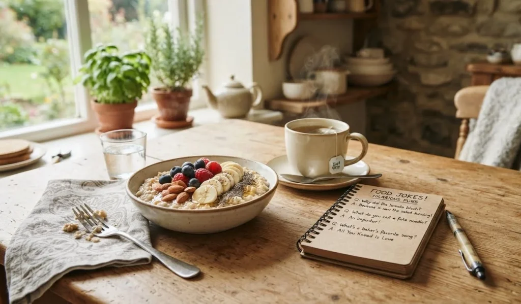 Hernia Puns featuring food humor with a cozy meal and gentle recovery themed kitchen scene