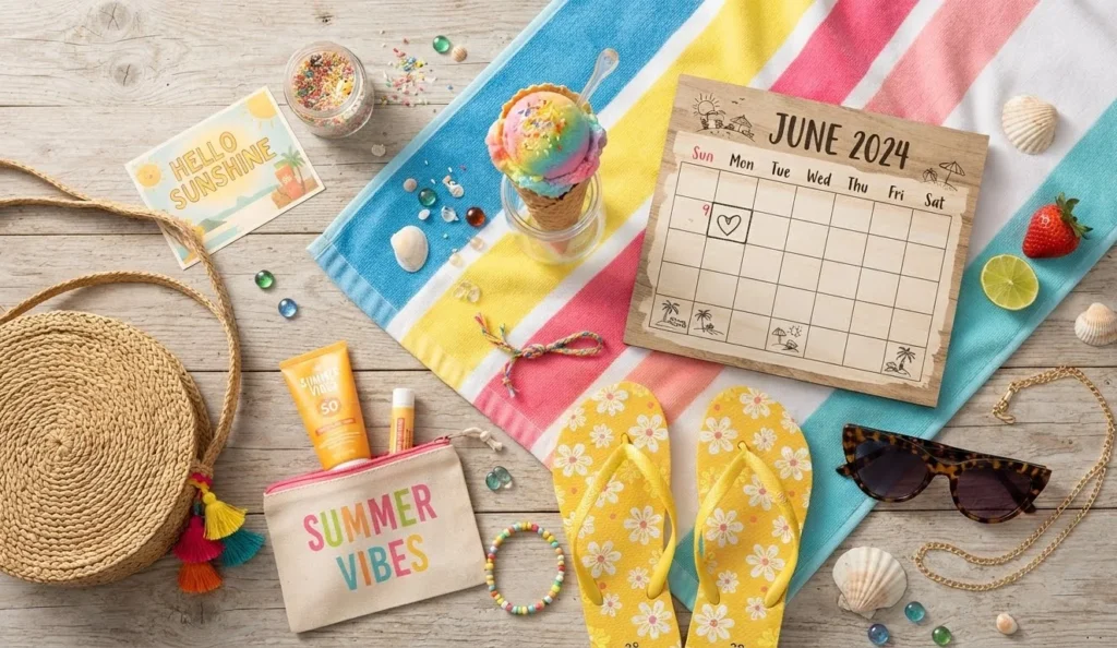 Short June Puns with playful summer accessories, ice cream, flip flops, sunglasses, and a June calendar
