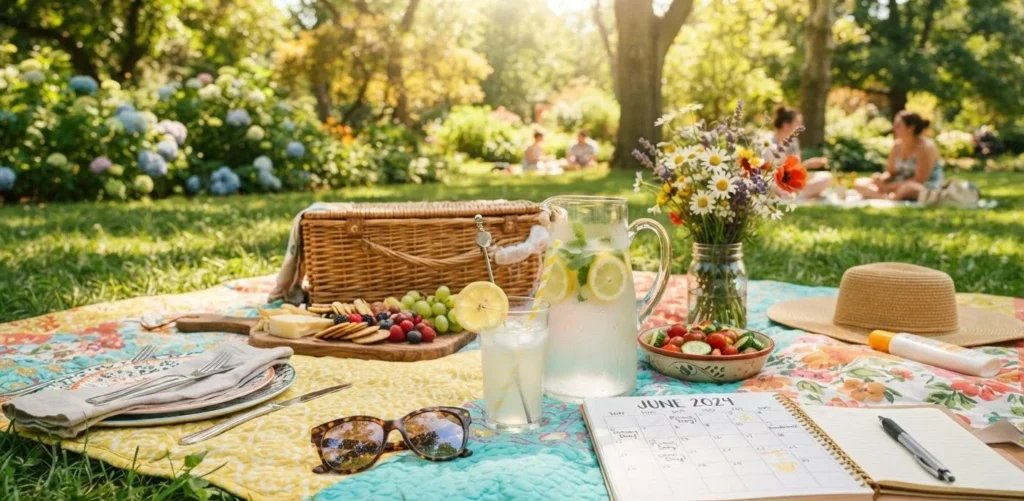 June Puns for summer with a sunny June calendar, lemonade, sunglasses, and cheerful seasonal details