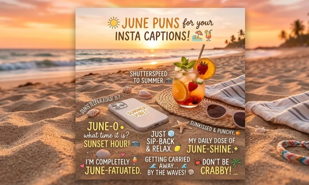 June Puns for Instagram captions with a beach sunset, phone camera, iced drink, and summer aesthetic