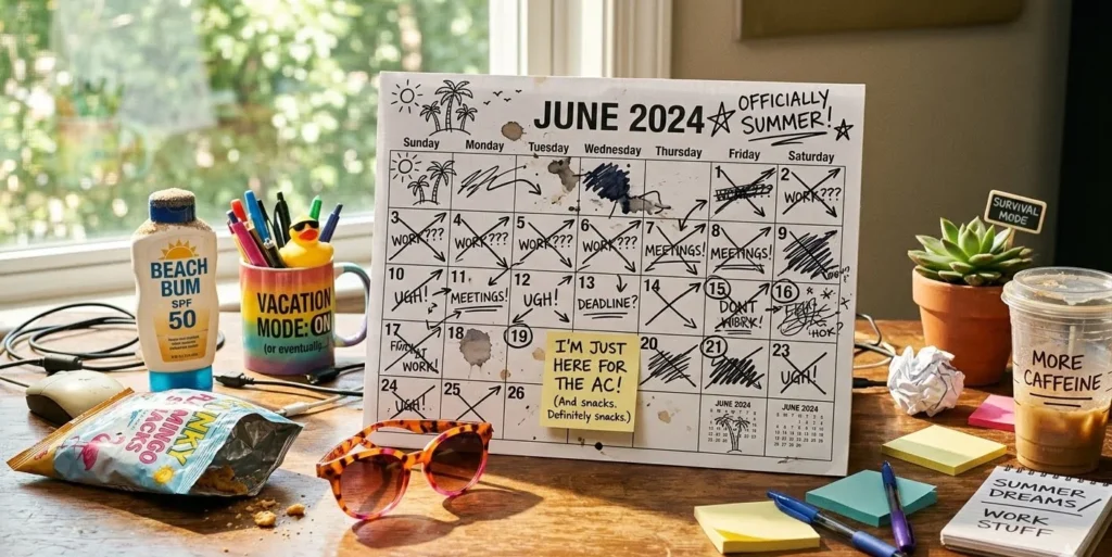 Sassy June Puns with sunglasses, snacks, sunscreen, and a funny June calendar scene