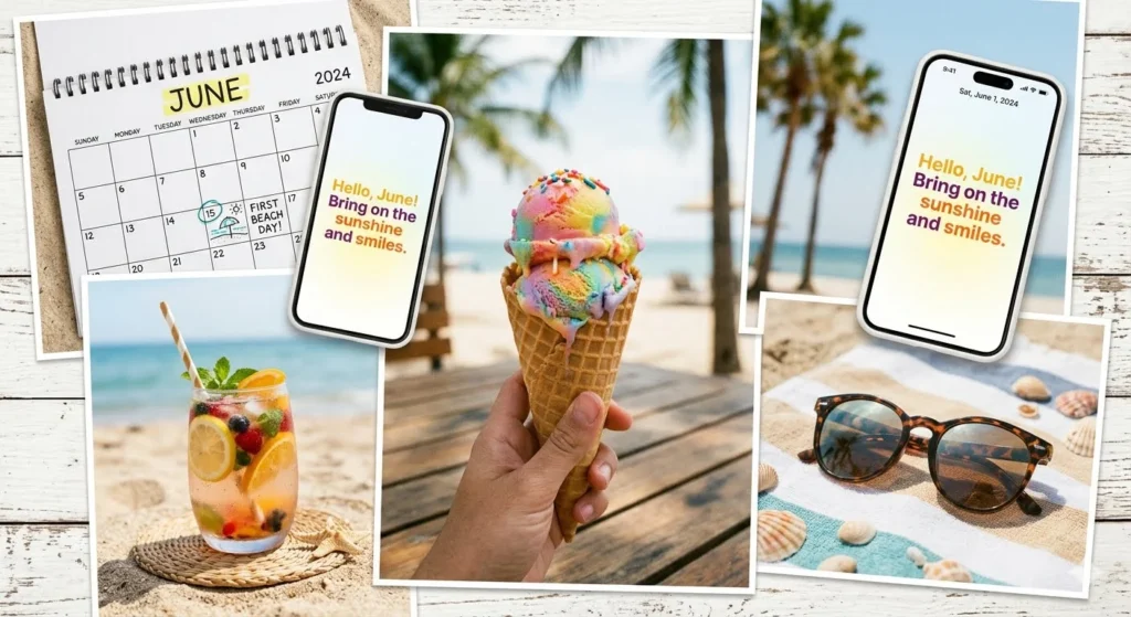 June Puns One Liners with ice cream, sunglasses, a June calendar, and a refreshing summer drink