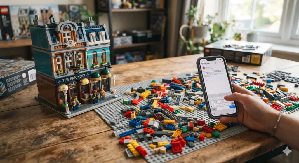 Lego Puns for short captions featuring colorful bricks, a finished model, and a social media photography setup