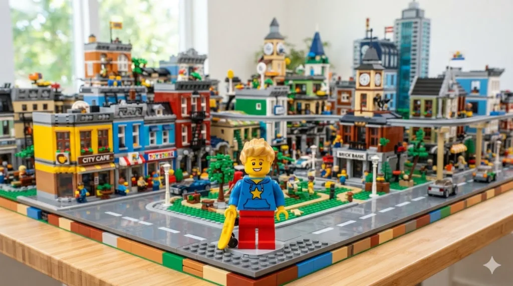 Lego Puns featuring colorful building bricks, a playful mini figure, and a creative brick built city