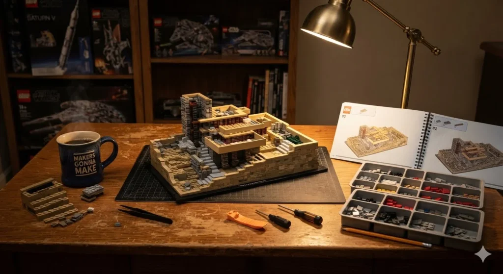 Lego Puns for adults featuring a detailed brick model, organized building pieces, instructions, and a creative hobby workspace