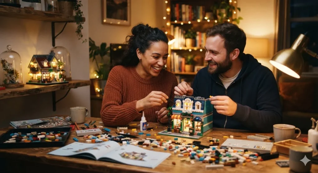 Lego Puns for couples featuring two people building a colorful model together with connected pieces and a cozy creative setting